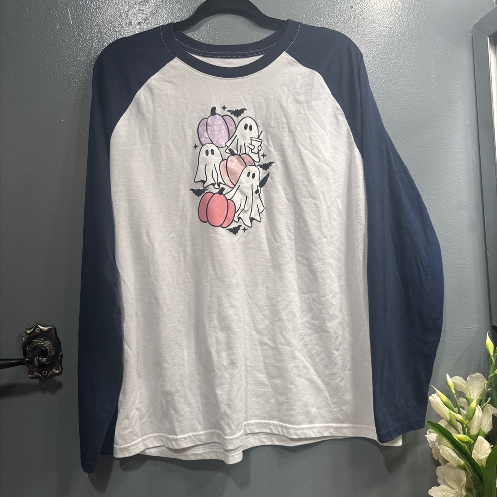 George Navy White Raglan Long Sleeve Top with Ghosts Coffee Pumpkins Halloween